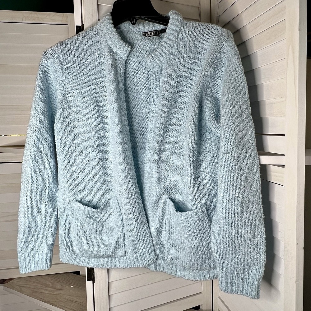 Vintage 80's Women's Miceli Baby Blue Open Knit Cardigan With Pockets Sz 42-Med